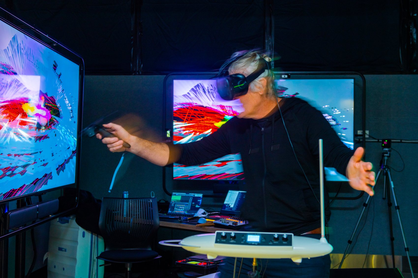 Jeremy J Ham performing Synaespatia — theremin and VR — at Ars Electronica, 2022